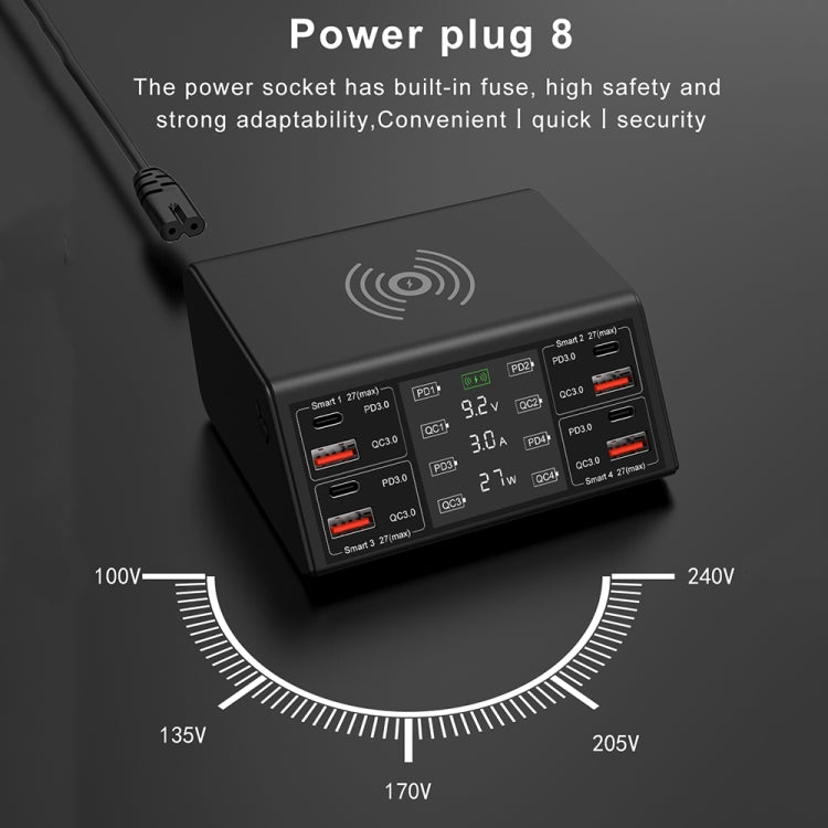 838w 9 in 1 100W 4 PD 3.0 USB-C / Type-C + 4 QC 3.0 USB Anschlüsse Intelligentes Digitaldisplay Drahtlosladegerät, EU Stecker, US Stecker, UK Stecker, AU Stecker