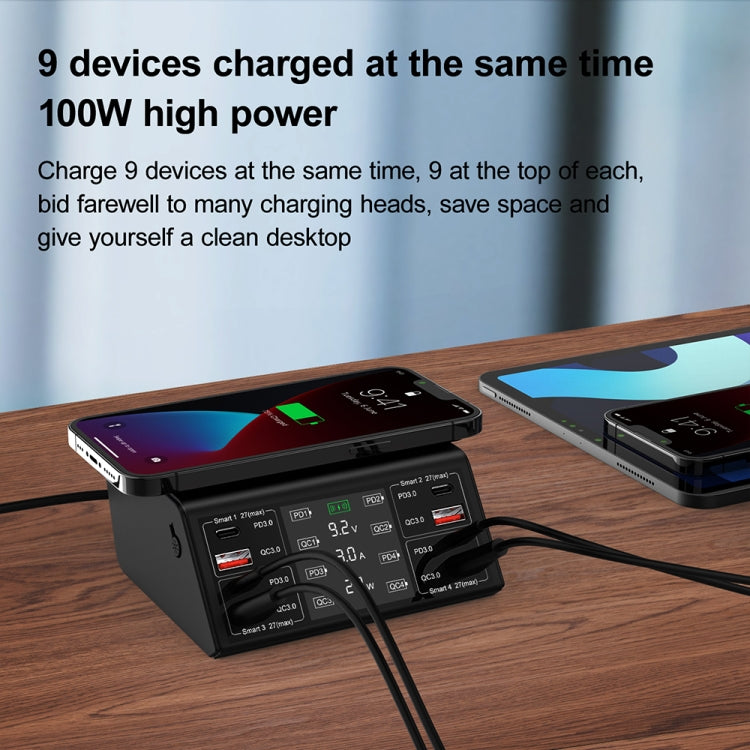 838w 9 in 1 100W 4 PD 3.0 USB-C / Type-C + 4 QC 3.0 USB Anschlüsse Intelligentes Digitaldisplay Drahtlosladegerät, EU Stecker, US Stecker, UK Stecker, AU Stecker
