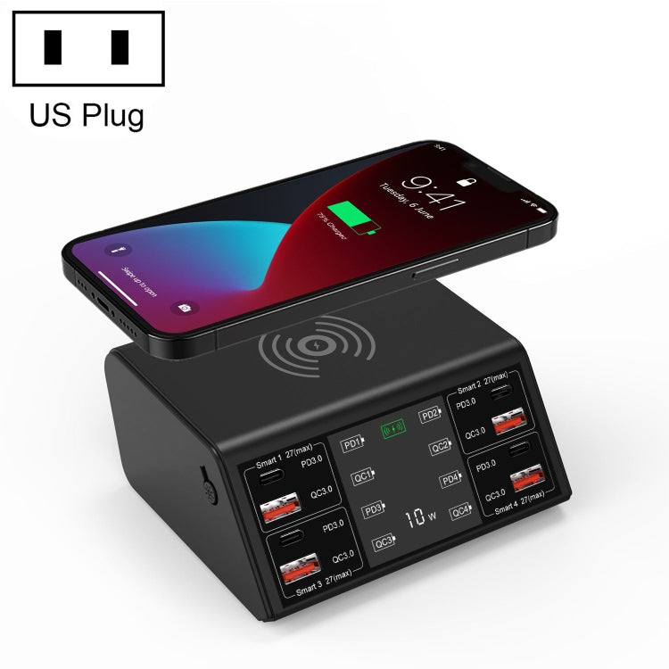 838w 9 in 1 100W 4 PD 3.0 USB-C / Type-C + 4 QC 3.0 USB Anschlüsse Intelligentes Digitaldisplay Drahtlosladegerät, EU Stecker, US Stecker, UK Stecker, AU Stecker