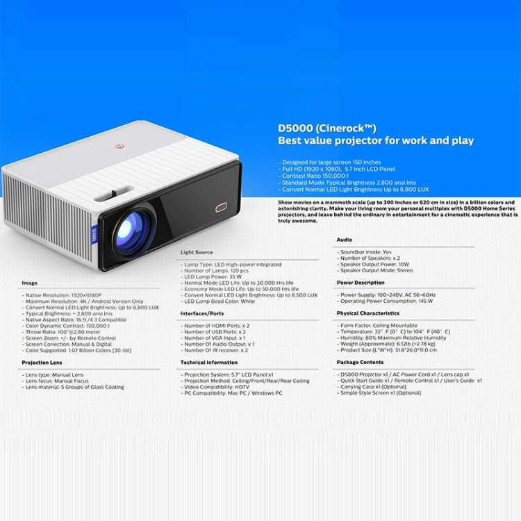 VIVIBRIGHT D5000 1920x1080P 420ANSI 6000 Lumen LCD + LED HD Digitalprojektor, Basisversion, US-Stecker, UK-Stecker