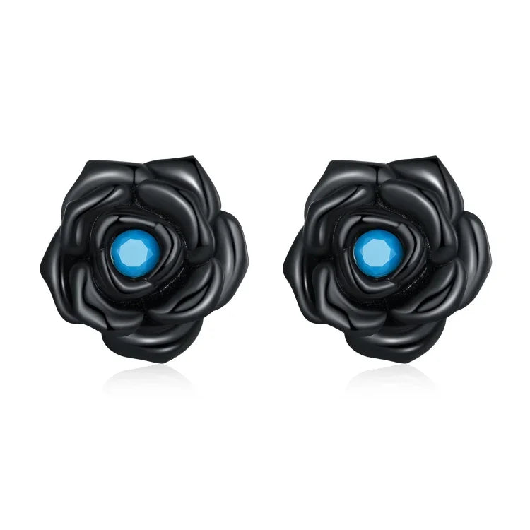 Ohrstecker mit schwarzer Rose aus 925er Sterlingsilber, Damenohrringe, Schwarze Rose