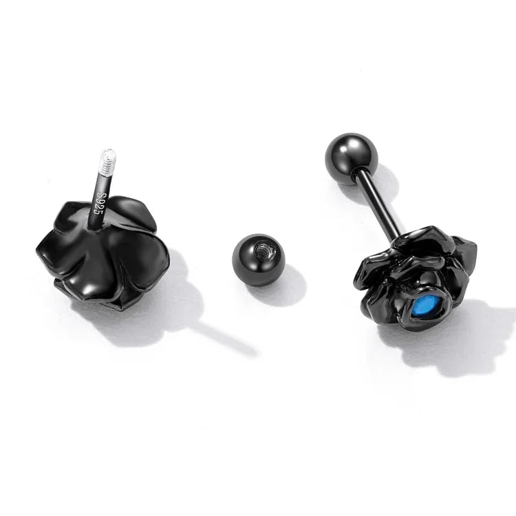 Ohrstecker mit schwarzer Rose aus 925er Sterlingsilber, Damenohrringe, Schwarze Rose