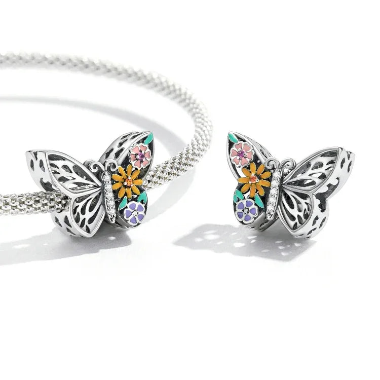 S925 Sterling Silber Blumen-Schmetterlingsperlen DIY Armband Halskette Accessoires, Blumen-Schmetterling