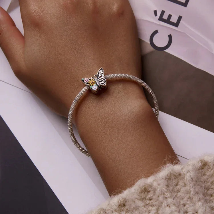S925 Sterling Silber Blumen-Schmetterlingsperlen DIY Armband Halskette Accessoires, Blumen-Schmetterling