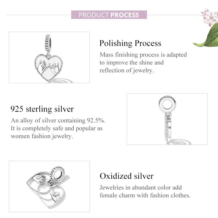 S925 Sterling Silber Silberherz Hand in Hand Anhänger DIY Armband Halskette Accessoires, Hand in Hand
