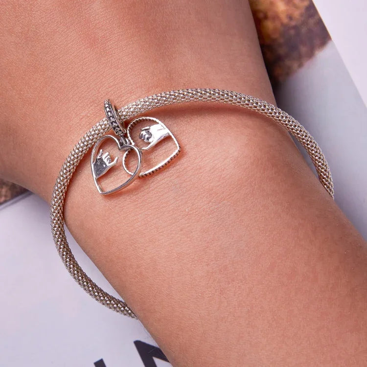S925 Sterling Silber Silberherz Hand in Hand Anhänger DIY Armband Halskette Accessoires, Hand in Hand