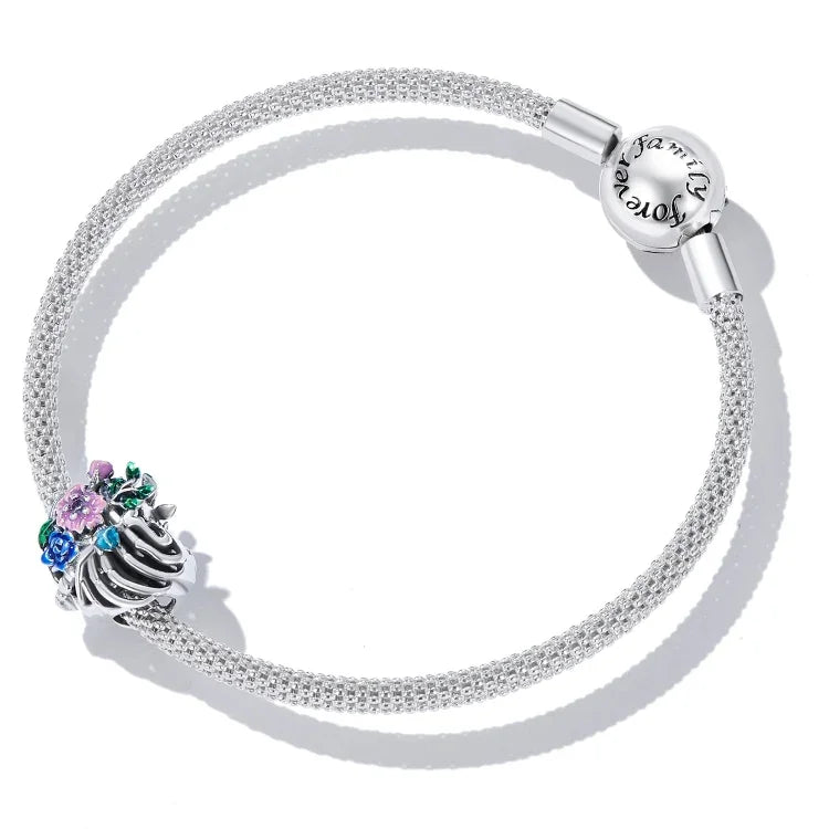 S925 Sterling Silber Herz-Rippen-Blumenperlen DIY Armband Halskette Accessoires, Herz-Rippen-Blume