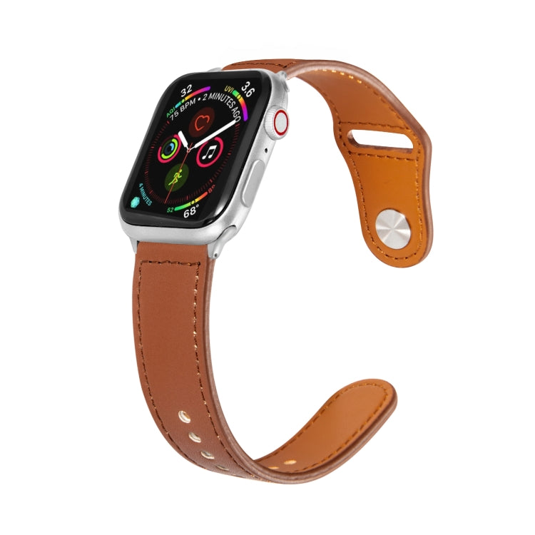 Silbernes Lederarmband mit Nagelschnalle für Apple Watch Series 7 (41 mm), 6, SE, 5, 4 (40 mm), 3, 2, 1 (38 mm) und 7 (45 mm), 6, SE, 5, 4 (44 mm) sowie 3, 2, 1 (42 mm).