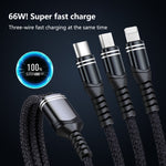 6A 66W 3 in 1 USB zu 8 Pin + Micro USB + USB-C / Type-C Schnellladekabel mit geflochtenem Datenkabel, USB zu 8 Pin+Micro USB+Type-C
