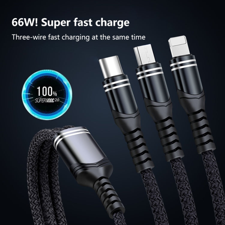 6A 66W 3 in 1 USB zu 8 Pin + Micro USB + USB-C / Type-C Schnellladekabel mit geflochtenem Datenkabel, USB zu 8 Pin+Micro USB+Type-C