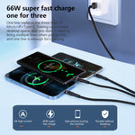 6A 66W 3 in 1 USB zu 8 Pin + Micro USB + USB-C / Type-C Schnellladekabel mit geflochtenem Datenkabel, USB zu 8 Pin+Micro USB+Type-C