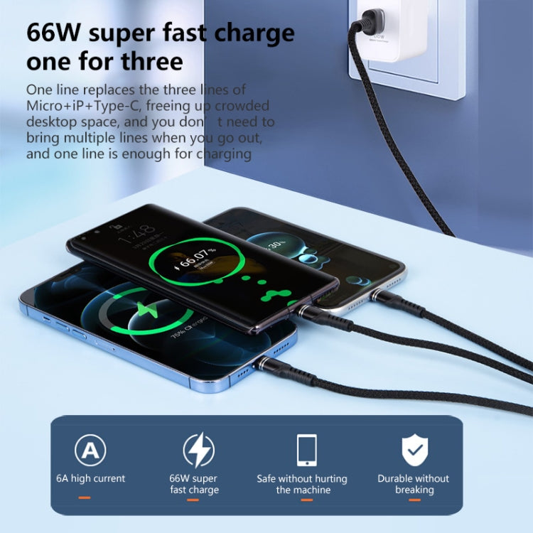 6A 66W 3 in 1 USB zu 8 Pin + Micro USB + USB-C / Type-C Schnellladekabel mit geflochtenem Datenkabel, USB zu 8 Pin+Micro USB+Type-C