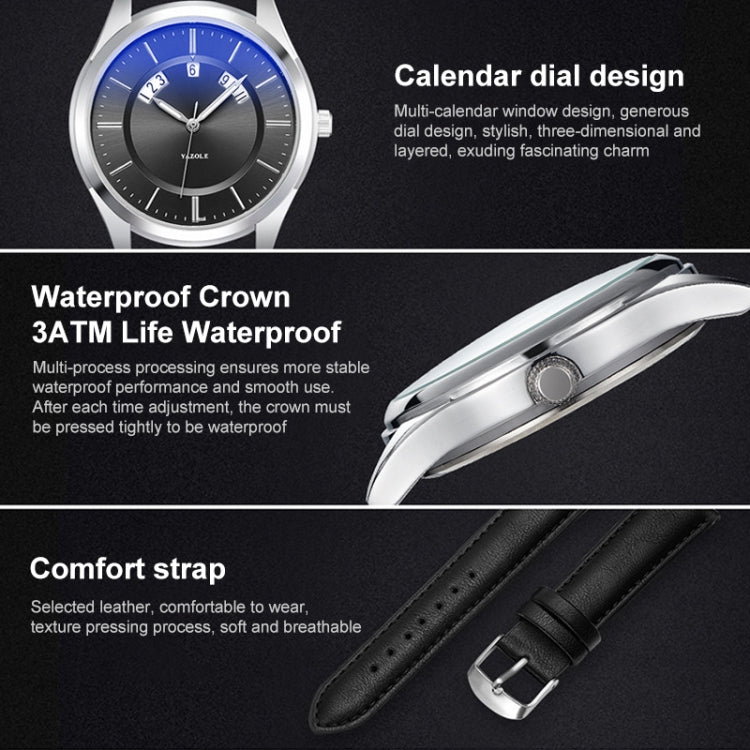 YAZOLE 513 Lederarmband Kalender Wasserdichte Quarzuhr
