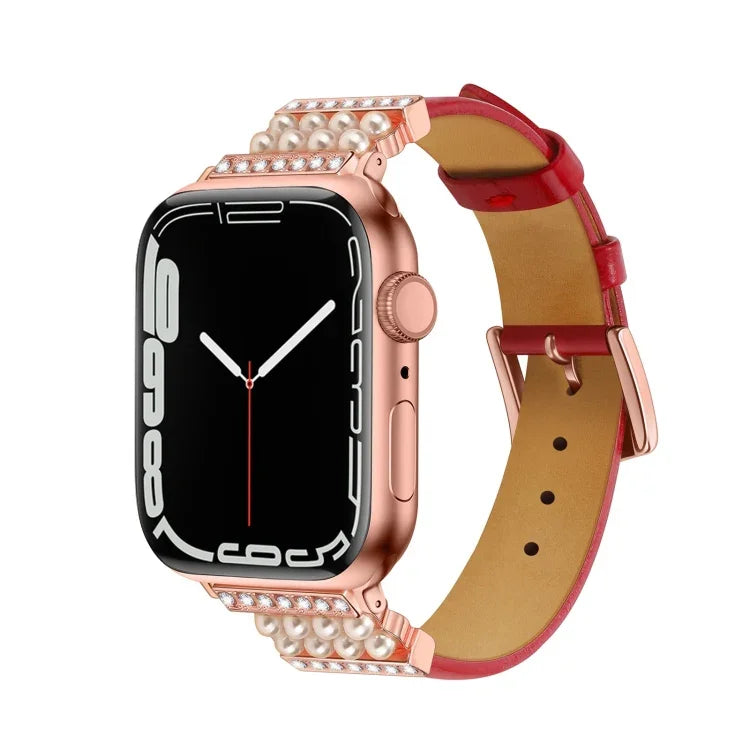 Perlen-Diamant-Lederarmband für Apple Watch Series 7 (41 mm), 6, SE, 5, 4 (40 mm), 3, 2, 1 (38 mm) und 7 (45 mm), 6, SE, 5, 4 (44 mm) sowie 3, 2, 1 (42 mm)
