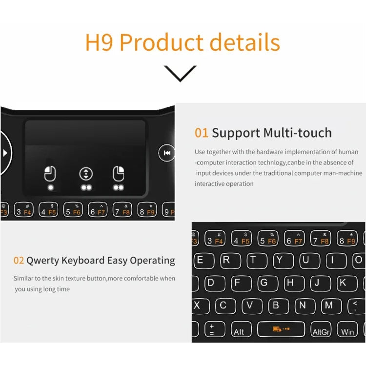 H9 2,4 GHz Mini-Funk-Air-Mouse mit QWERTZ-Tastatur, weißer Hintergrundbeleuchtung und Touchpad für PC und Fernseher