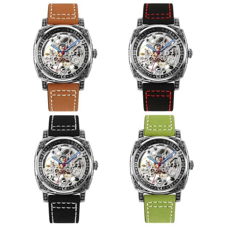 SKMEI 9271 Mechanische wasserdichte Armbanduhr mit Edelstahlschnalle und Lederarmband
