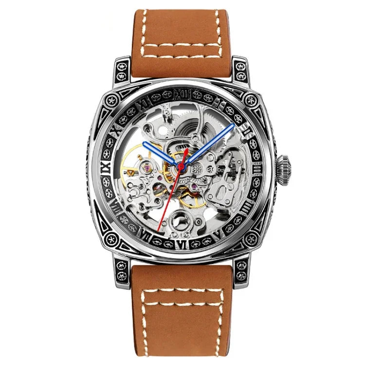 SKMEI 9271 Mechanische wasserdichte Armbanduhr mit Edelstahlschnalle und Lederarmband