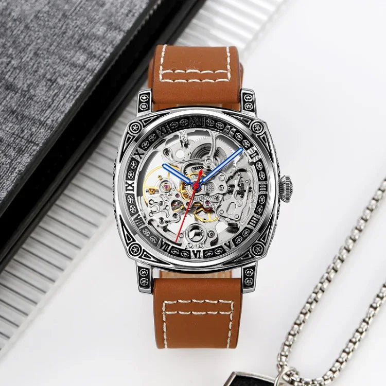 SKMEI 9271 Mechanische wasserdichte Armbanduhr mit Edelstahlschnalle und Lederarmband