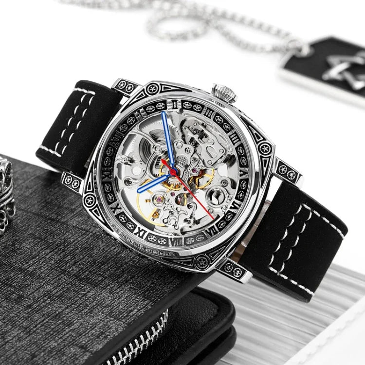 SKMEI 9271 Mechanische wasserdichte Armbanduhr mit Edelstahlschnalle und Lederarmband