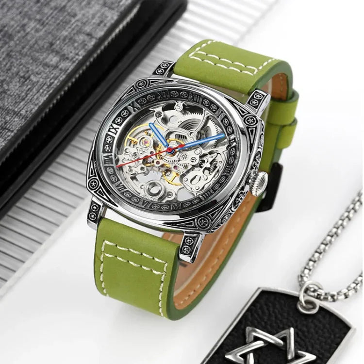 SKMEI 9271 Mechanische wasserdichte Armbanduhr mit Edelstahlschnalle und Lederarmband