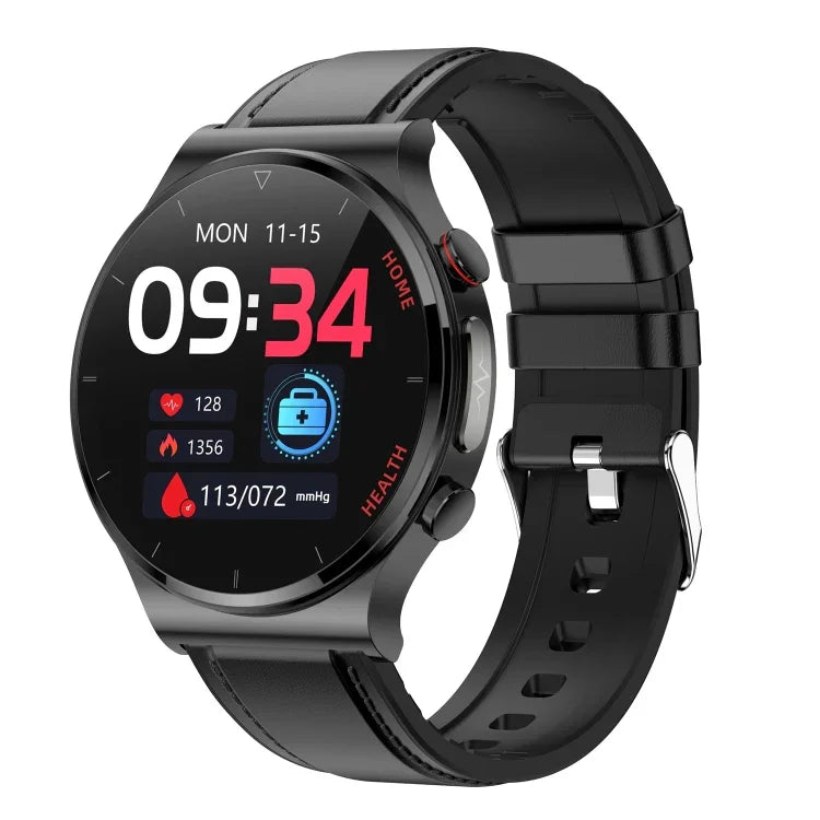 E300 Smartwatch mit 1,32-Zoll-Bildschirm, Lederarmband und Funktionen zur Überwachung von Körpertemperatur, EKG und Blutdruck