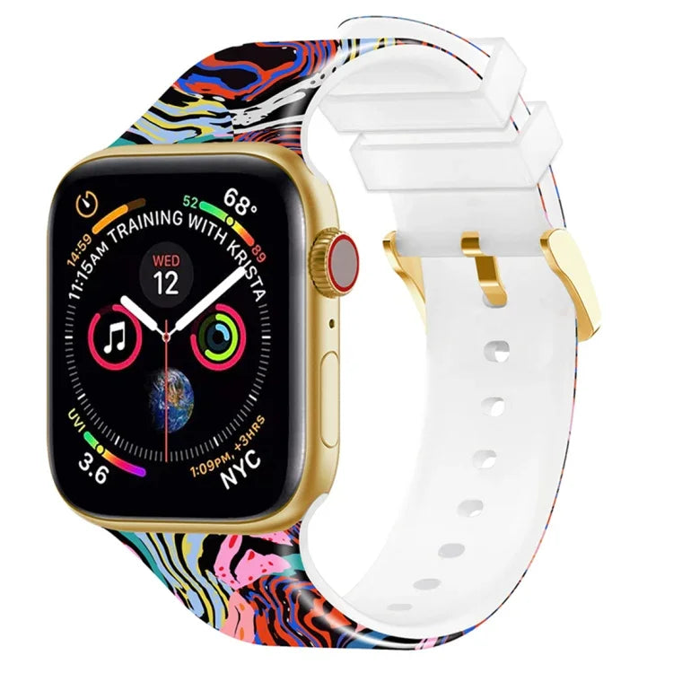 Quadratisches Armband mit farbigem Aufdruck für Apple Watch Series 7 (45 mm), 6, SE, 5 und 4 (44 mm), 3, 2 und 1 (42 mm), 7 (41 mm), 6, SE, 5 und 4 (40 mm) sowie 3, 2 und 1 (38 mm).