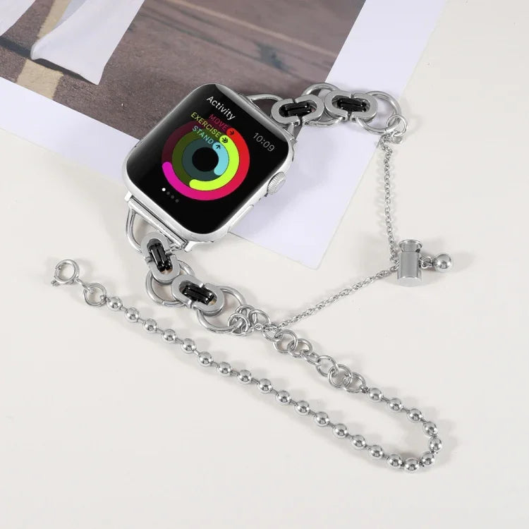Doppeltes Edelstahl-Armband mit 2 Perlen für Apple Watch Series 7 (45 mm), 6, SE, 5 und 4 (44 mm), 3, 2 und 1 (42 mm), 7 (41 mm), 6, SE, 5 und 4 (40 mm) und 3, 2 und 1 (38 mm)