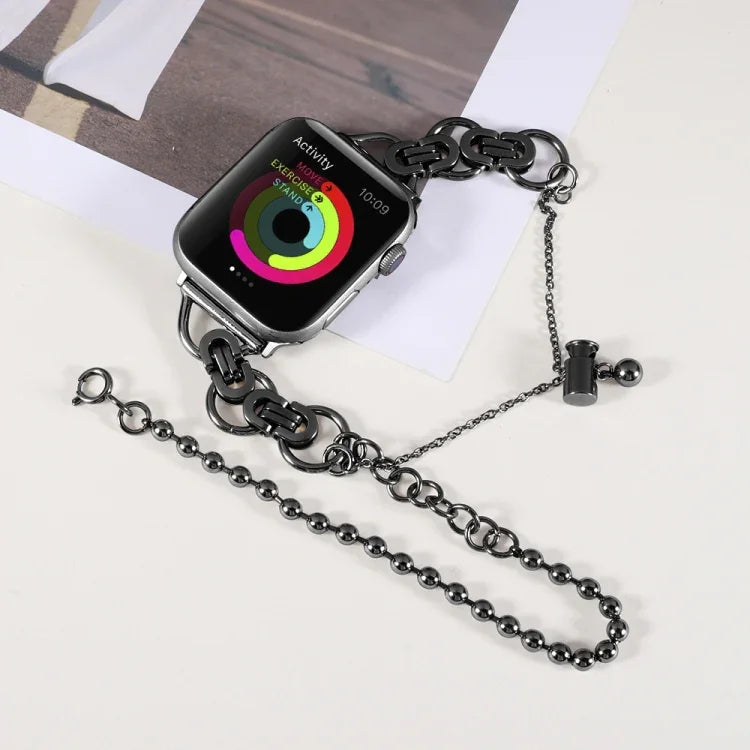 Doppeltes Edelstahl-Armband mit 2 Perlen für Apple Watch Series 7 (45 mm), 6, SE, 5 und 4 (44 mm), 3, 2 und 1 (42 mm), 7 (41 mm), 6, SE, 5 und 4 (40 mm) und 3, 2 und 1 (38 mm)