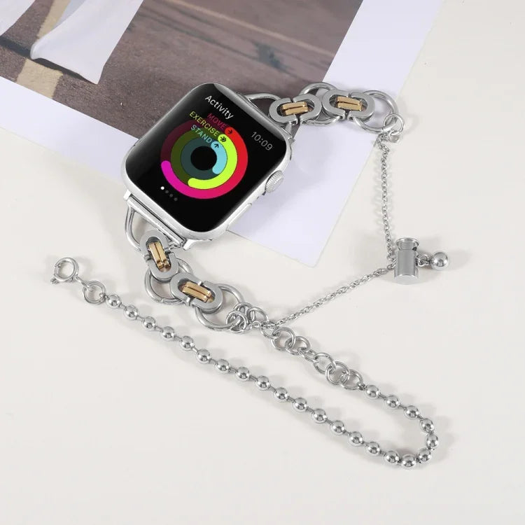 Doppeltes Edelstahl-Armband mit 2 Perlen für Apple Watch Series 7 (45 mm), 6, SE, 5 und 4 (44 mm), 3, 2 und 1 (42 mm), 7 (41 mm), 6, SE, 5 und 4 (40 mm) und 3, 2 und 1 (38 mm)