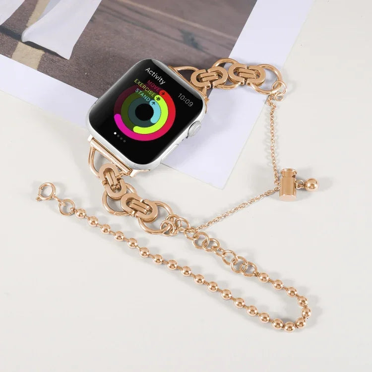 Doppeltes Edelstahl-Armband mit 2 Perlen für Apple Watch Series 7 (45 mm), 6, SE, 5 und 4 (44 mm), 3, 2 und 1 (42 mm), 7 (41 mm), 6, SE, 5 und 4 (40 mm) und 3, 2 und 1 (38 mm)
