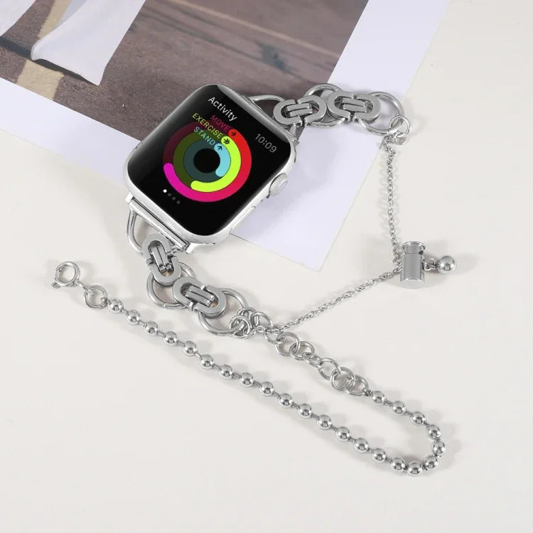 Doppeltes Edelstahl-Armband mit 2 Perlen für Apple Watch Series 7 (45 mm), 6, SE, 5 und 4 (44 mm), 3, 2 und 1 (42 mm), 7 (41 mm), 6, SE, 5 und 4 (40 mm) und 3, 2 und 1 (38 mm)