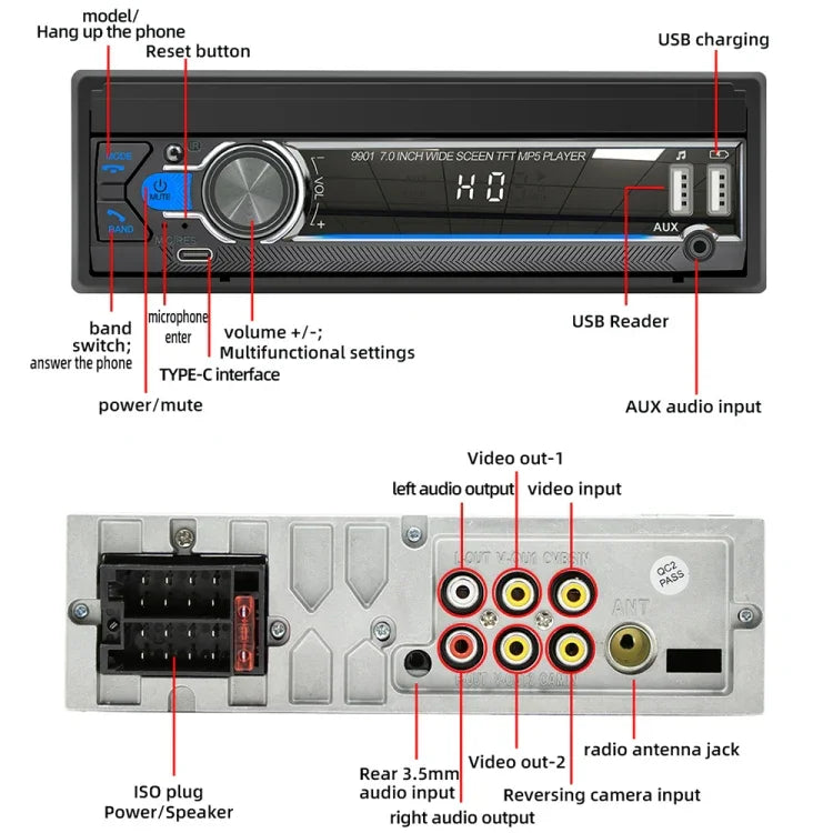 9901 7-Zoll-MP5-Autoradio mit ausfahrbarem Display, unterstützt FM & Handy-Internet, 9901