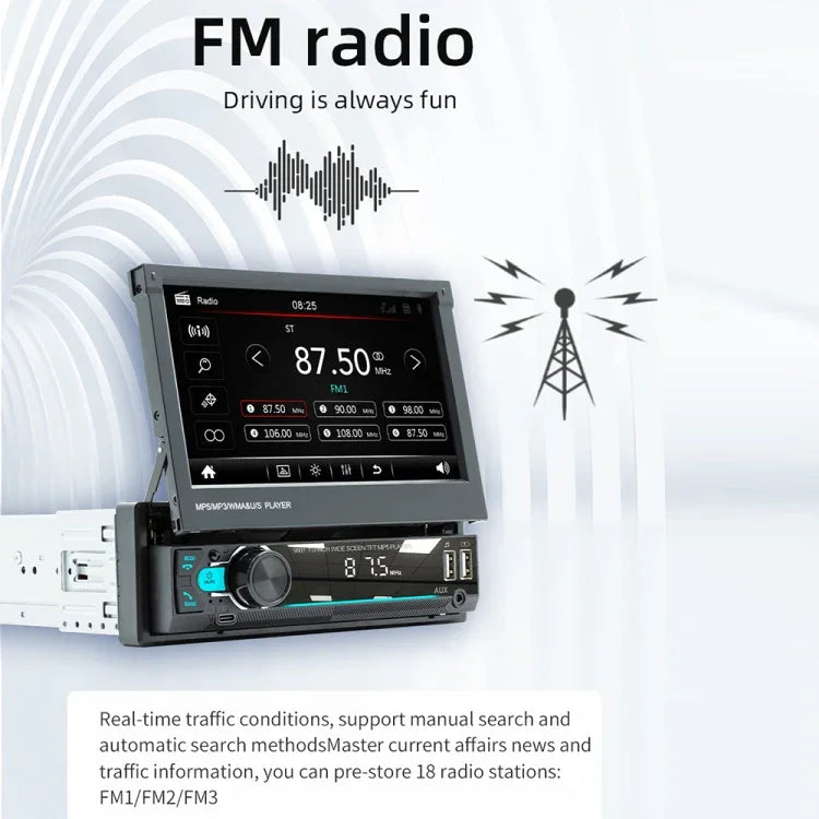9901 7-Zoll-MP5-Autoradio mit ausfahrbarem Display, unterstützt FM & Handy-Internet, 9901