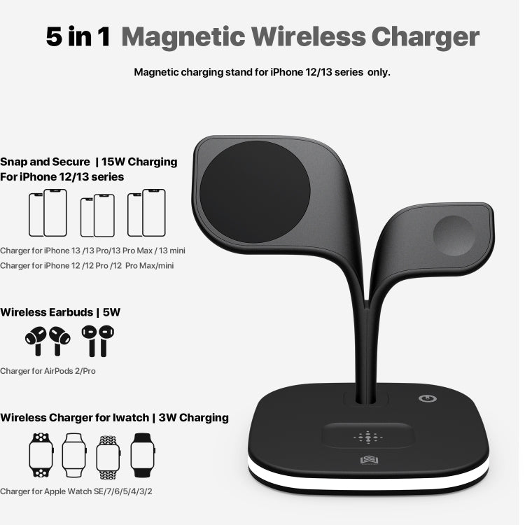 YM-UD22 15W 5-in-1 magnetisches kabelloses Ladegerät mit Standfunktion