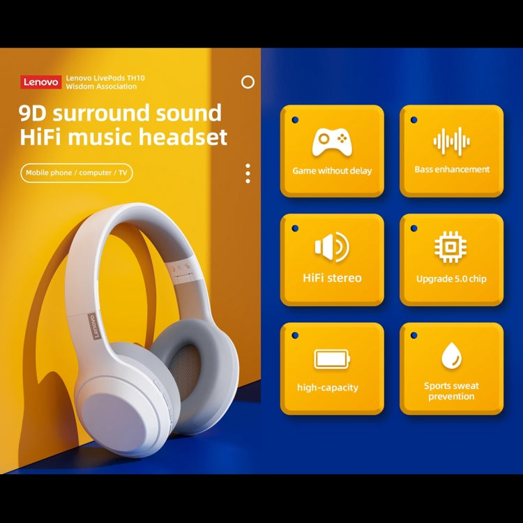 Lenovo TH10 Kabellose Bluetooth Gaming Bass Musik Sport Geräuschunterdrückende Kopfhörer, TH10 Weiß, TH10 Schwarz