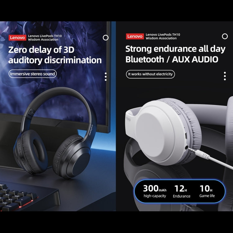 Lenovo TH10 Kabellose Bluetooth Gaming Bass Musik Sport Geräuschunterdrückende Kopfhörer, TH10 Weiß, TH10 Schwarz
