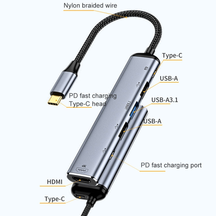 Y004 6-in-1 USB-C/Typ-C zu HDMI+USB 3.1+Dual USB 2.0+Dual USB-C/Typ-C Schnittstellen Multifunktionsadapter, Y004