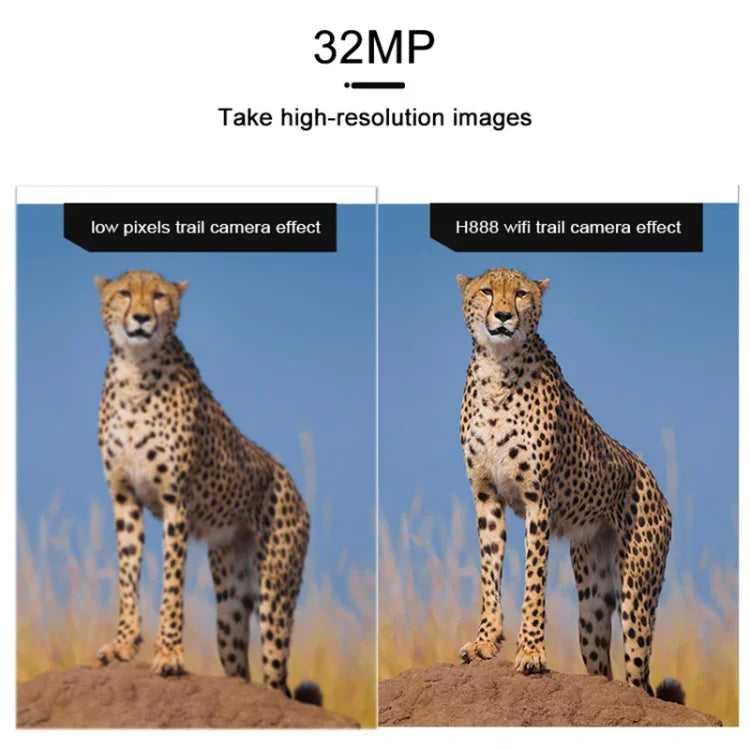 Comparison of low pixels vs H888WIFI 4K hunting trail camera with WiFi high-resolution images of a cheetah.