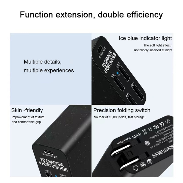 X83 65W Ausgang USB-C / Typ-C + 4 Anschlüsse USB HUB PD Ladegerät, US-Stecker, X83