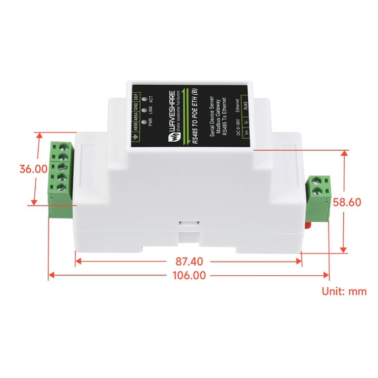 Waveshare Hutschienen RS485 zu RJ45 Serieller Server mit POE-Funktion, 23273