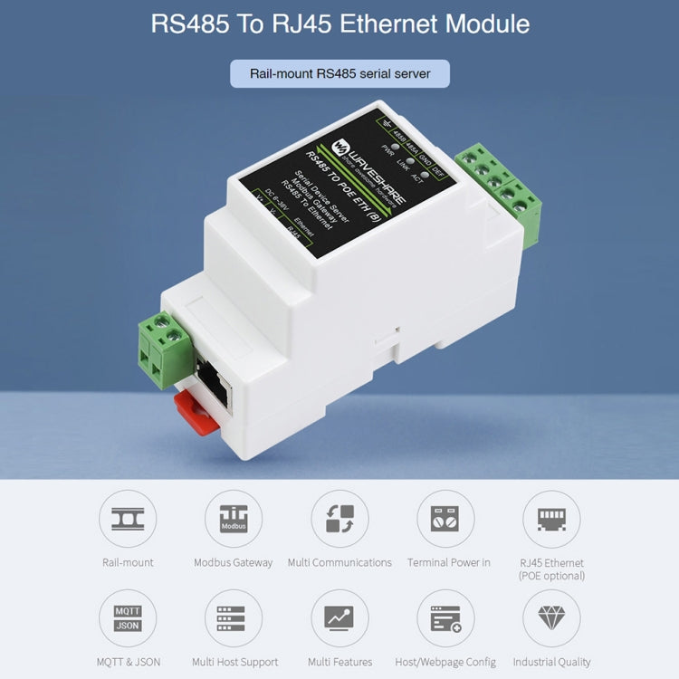 Waveshare Hutschienen RS485 zu RJ45 Serieller Server mit POE-Funktion, 23273