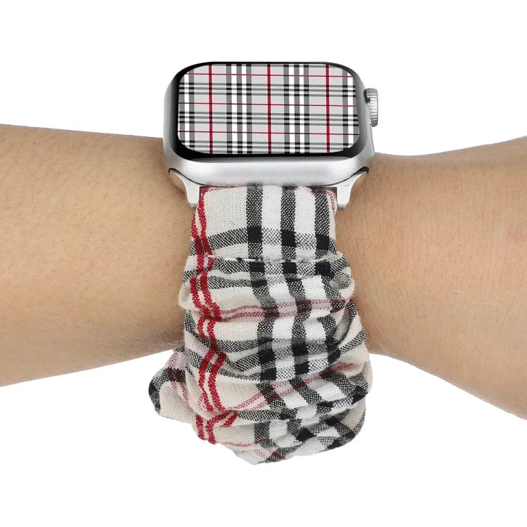 Plaid-Blumenmuster Stoff-Haarband-Uhrenarmband, für Apple Watch Ultra 49mm / Series 8&7 45mm / SE 2&6&SE&5&4 44mm / 3&2&1 42mm, für Apple Watch Series 8&7 41mm / SE 2&6&SE&5&4 40mm / 3&2&1 38mm