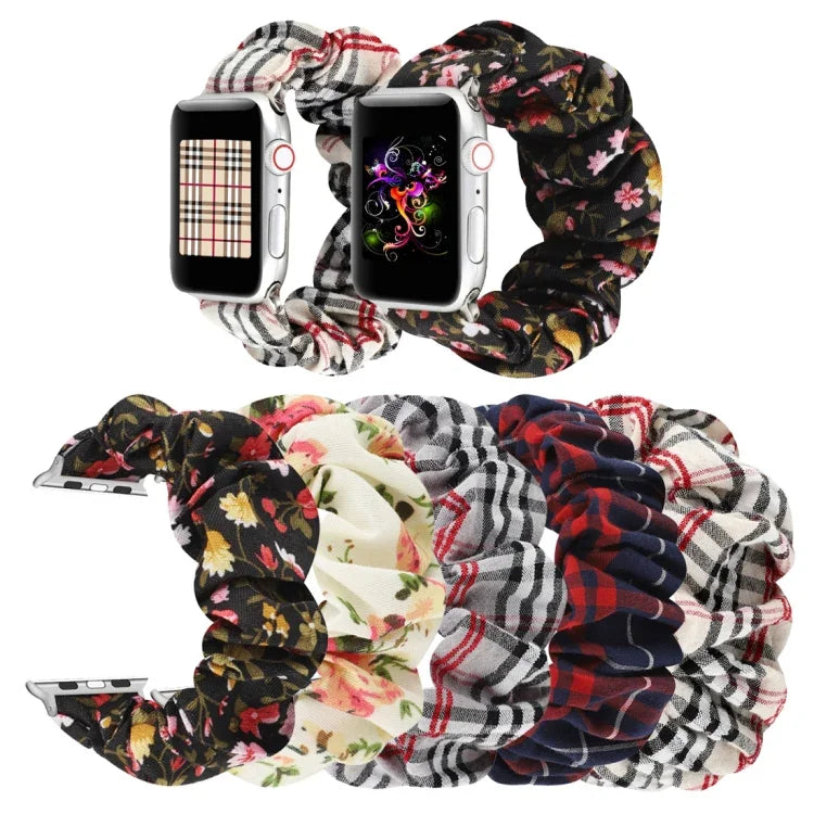Plaid-Blumenmuster Stoff-Haarband-Uhrenarmband, für Apple Watch Ultra 49mm / Series 8&7 45mm / SE 2&6&SE&5&4 44mm / 3&2&1 42mm, für Apple Watch Series 8&7 41mm / SE 2&6&SE&5&4 40mm / 3&2&1 38mm