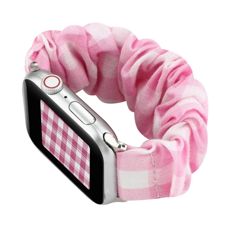 Plaid Pattern Cloth + Stainless Steel Hair Ring Watchband, For Apple Watch Series 7 41mm / 6 & SE & 5 & 4 40mm / 3 & 2 & 1 38mm, For Apple Watch Series 7 45mm / 6 & SE & 5 & 4 44mm / 3 & 2 & 1 42mm
