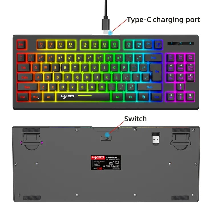 HXSJ L100 87 Tasten RGB Hintergrundbeleuchtete Folien-2.4G-Funk-Tastatur