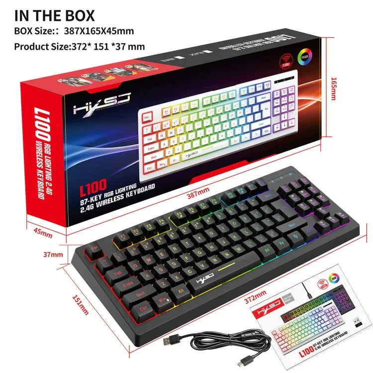 HXSJ L100 87 Tasten RGB Hintergrundbeleuchtete Folien-2.4G-Funk-Tastatur