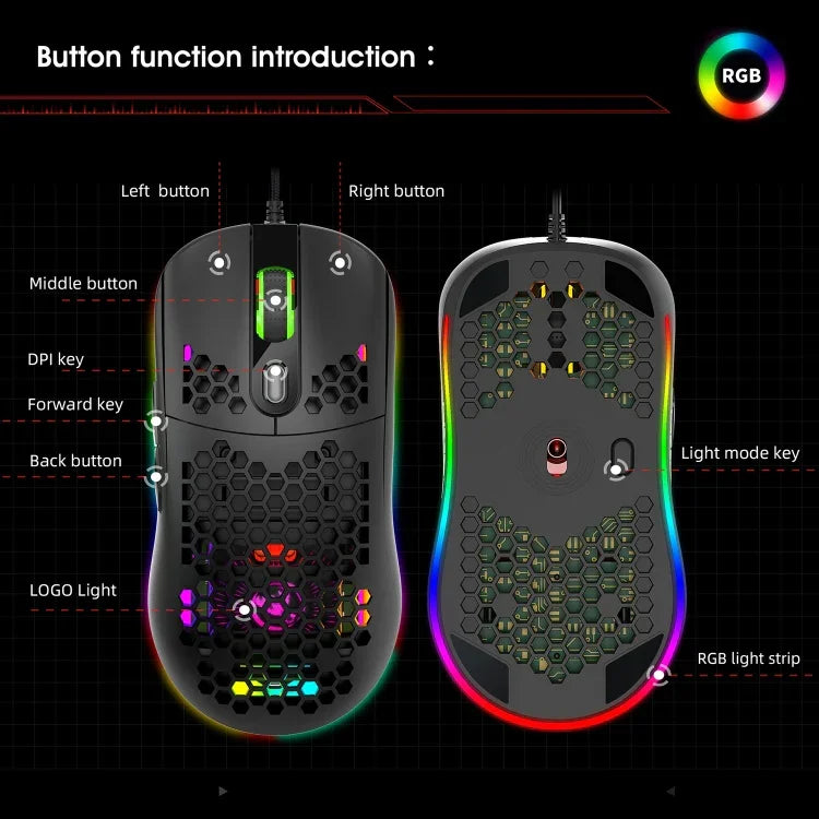 HXSJ X600 6 Tasten RGB leuchtende Makro-Programmierbare Kabelgebundene Gaming-Maus, X600