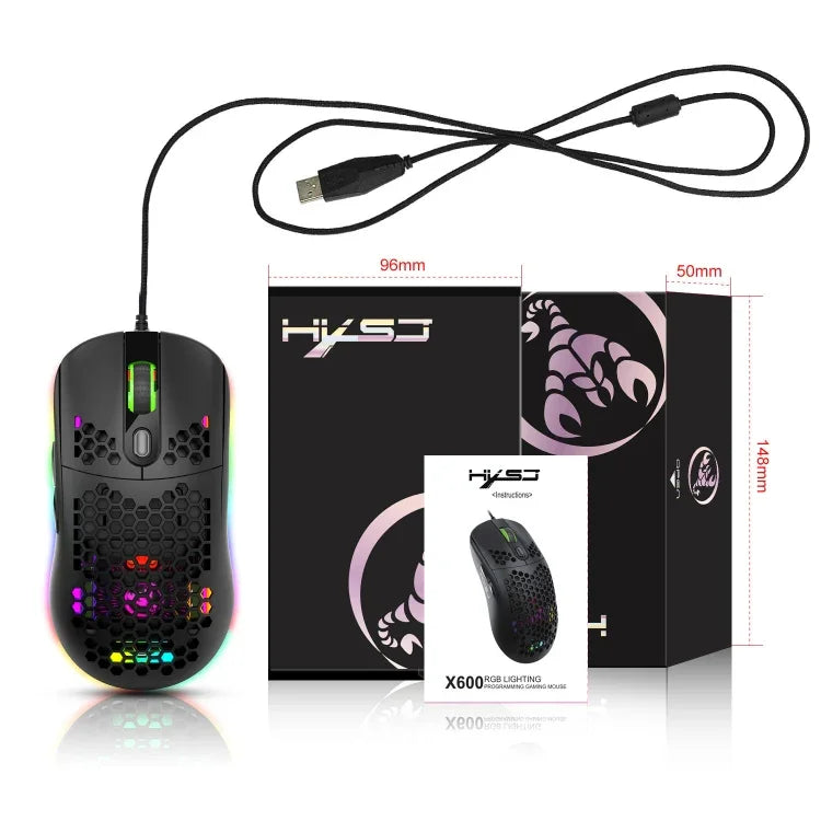 HXSJ X600 6 Tasten RGB leuchtende Makro-Programmierbare Kabelgebundene Gaming-Maus, X600