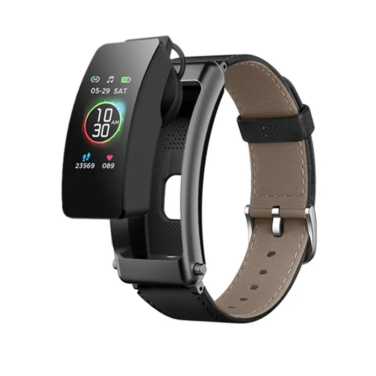 K50+ 0,96 Zoll Lederarmband-Kopfhörer, abnehmbar, wasserdicht, Smartwatch, unterstützt Bluetooth-Anrufe, Lederarmband (Schwarz)