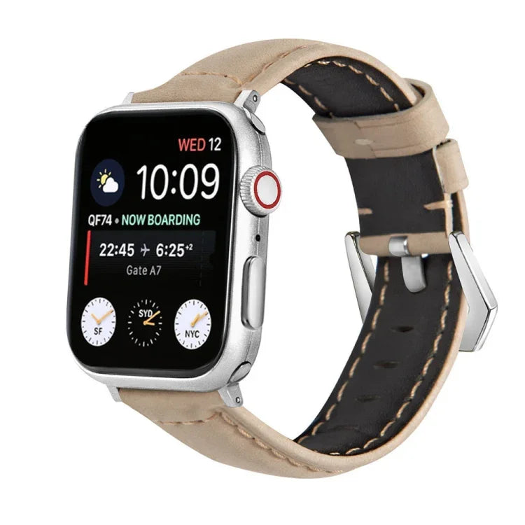 Silbernes Armband aus echtem Leder mit Dornschließe, passend für Apple Watch Series 8 &amp; 7 (45 mm und 41 mm).